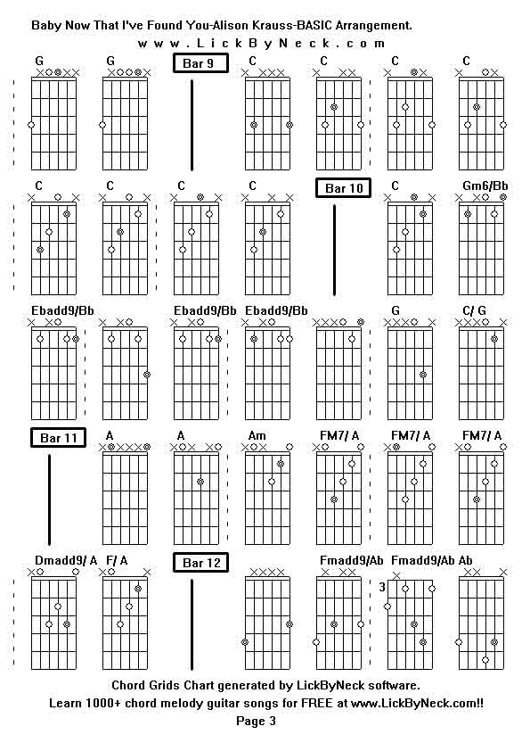 Chord Grids Chart of chord melody fingerstyle guitar song-Baby Now That I've Found You-Alison Krauss-BASIC Arrangement,generated by LickByNeck software.